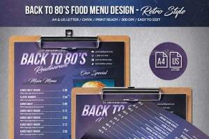 复古风格的食物菜单模板设计 Back To 80’s Food Menu – A4 & US Letter [psd]