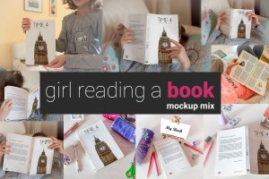 儿童图书阅读场景样机模板 Girl Reading a Book Mock-up
