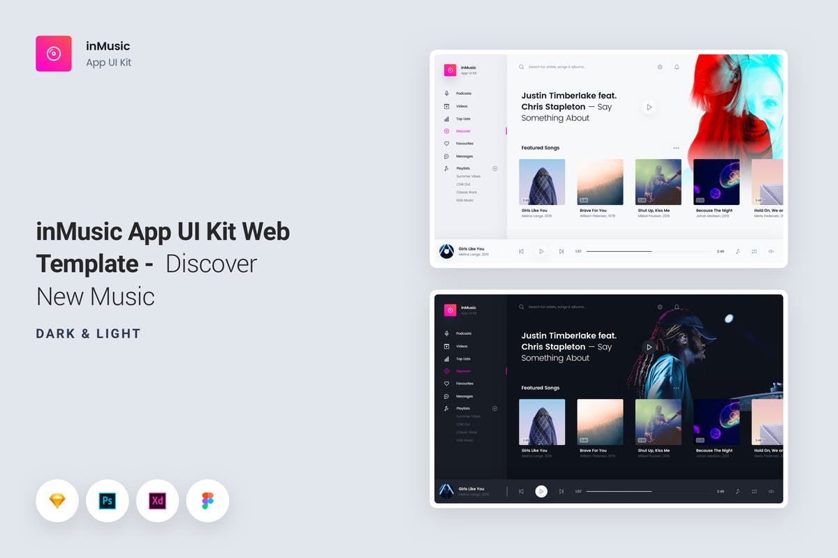 在线音乐音乐视频封面界面设计模板 inMusic App UI Kit Web Template – Discover