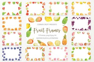 水果水彩手绘装饰框架插画素材 Watercolor fruit frame