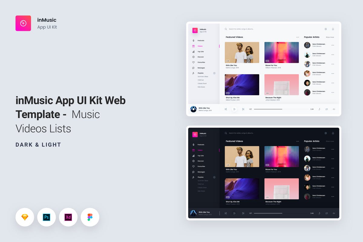 音乐网站在线音乐视频列表UI模板 inMusic App UI Kit Web Template – Music Videos
