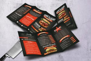 烧烤吧主题餐厅三折页食物菜单模板 Grill BBQ Trifold Food Menu