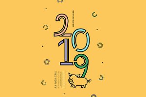 韩国素材：2019新年猪年创意图形与数字海报模板合集 PSD