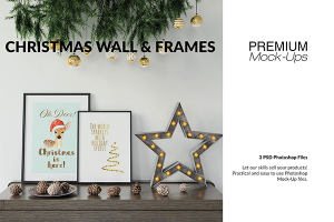 高品质的圣诞节画框框架和墙壁装饰展示样机 Christmas Frames & Wall Set [psd,jpg]