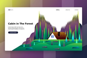 森林小屋主题网页Banner&着陆页插画设计模板 Cabin the forest – Banner & Landing Page
