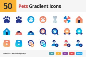50枚宠物动物渐变色矢量图标 Pets and Animals Vector Gradient Icons