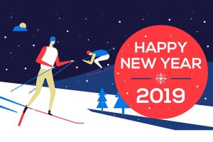 滑雪场景新年主题扁平化设计风格矢量插画 Happy new year 2019 – flat design illustration