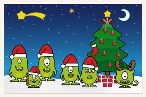 怪物家庭庆祝圣诞节卡通插画矢量素材 Monster Family Celebrating Christmas