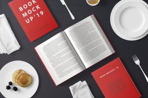 早餐餐桌硬纸封面书精装图书样机 Hard Cover Book Mockup – Breakfast Set