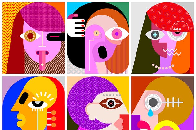 六张女性脸部抽象艺术矢量图素材sixfacesvectorillustration