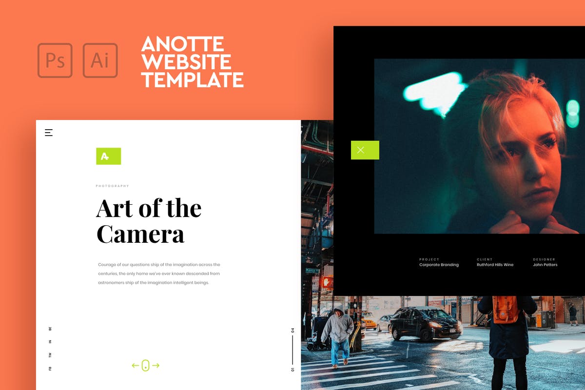 创意摄影服务网站设计PSD&AI模板 Anotte – Horizontal Photography PSD & AI Template