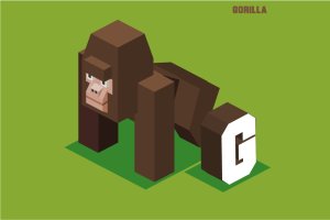 “G”大猩猩动物词汇英文字母2.5D插画素材 G for gorilla, Animal Alphabet