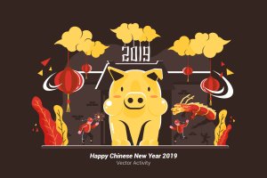 中国元素新年庆祝主题矢量插画素材 Happy Chinese New Year 2019 – Vector Illustration