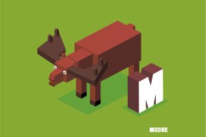 字母M驼鹿动物英文字母识字卡片设计2.5D矢量插画素材 M for Moose. Animal Alphabet