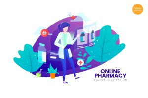 在线药房APP网页设计矢量概念插画 Online Pharmacy Vector Illustration Concept