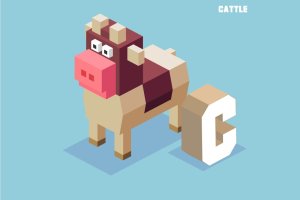 “C”牛动物词汇英文字母2.5D插画素材 C for Cattle. Animal Alphabet