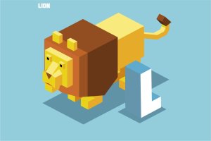 字母L狮子动物英文字母识字卡片设计2.5D矢量插画素材 L for Lion. Animal Alphabet