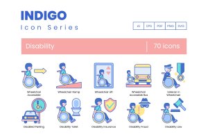 靛蓝系列-70个残疾人主题矢量图标 70 Disability Icons | Indigo Series