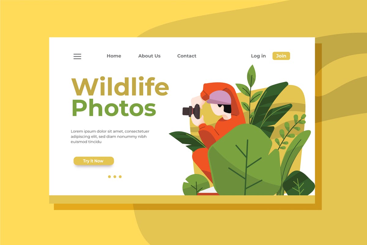 野生动物摄影师插图网站着陆页设计模板 Wildlife Photographer Landing Page Illustration