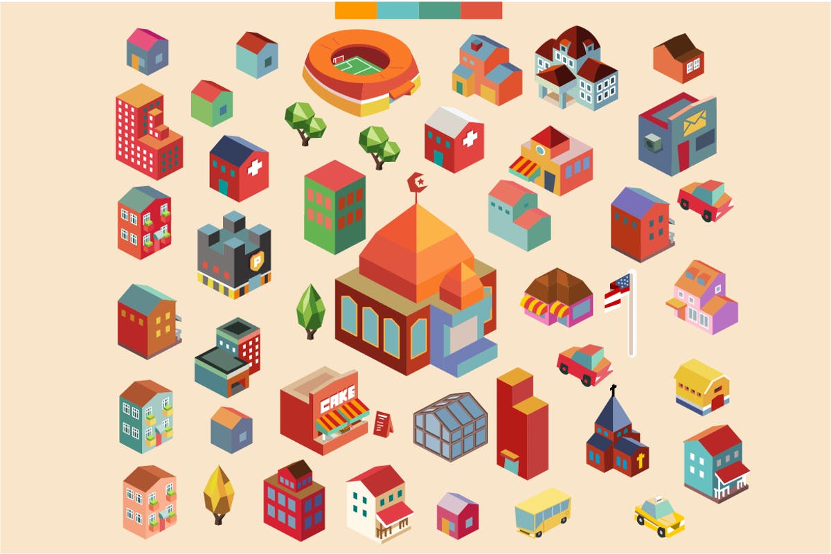 多彩等距离建筑建筑物场景矢量插画v5 Colorful vector isometric buildings