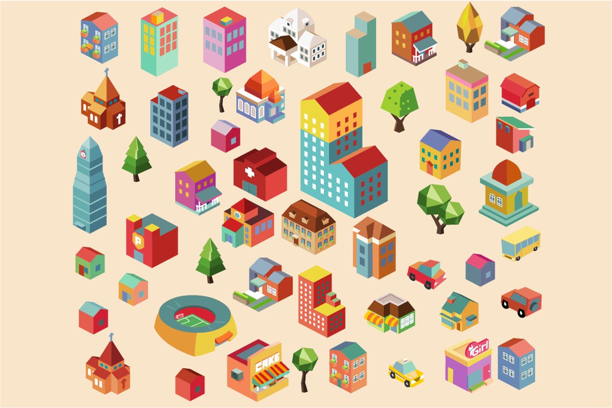 多彩等距离建筑建筑物场景矢量插画v4 Colorful vector isometric buildings