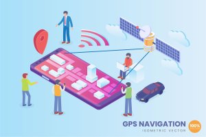 GPS导航技术2.5D矢量等距概念插画 Isometric GPS Navigation Technology Vector Concept