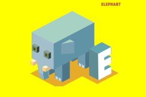 “E”大象动物词汇英文字母2.5D插画素材 E for elephant, Animal Alphabet