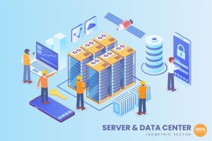 服务器&数据中心主题等距矢量概念插画 Isometric Server And Data Center Vector Concept