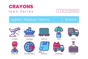 65枚蜡笔手绘物流与航运主题图标 65 Logistics & Shipping Icons | Crayons Series
