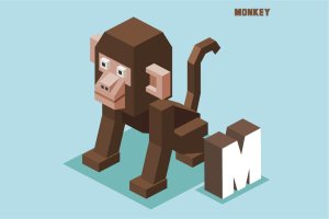 字母M猴子动物英文字母识字卡片设计2.5D矢量插画素材 M for monkey. Animal Alphabet