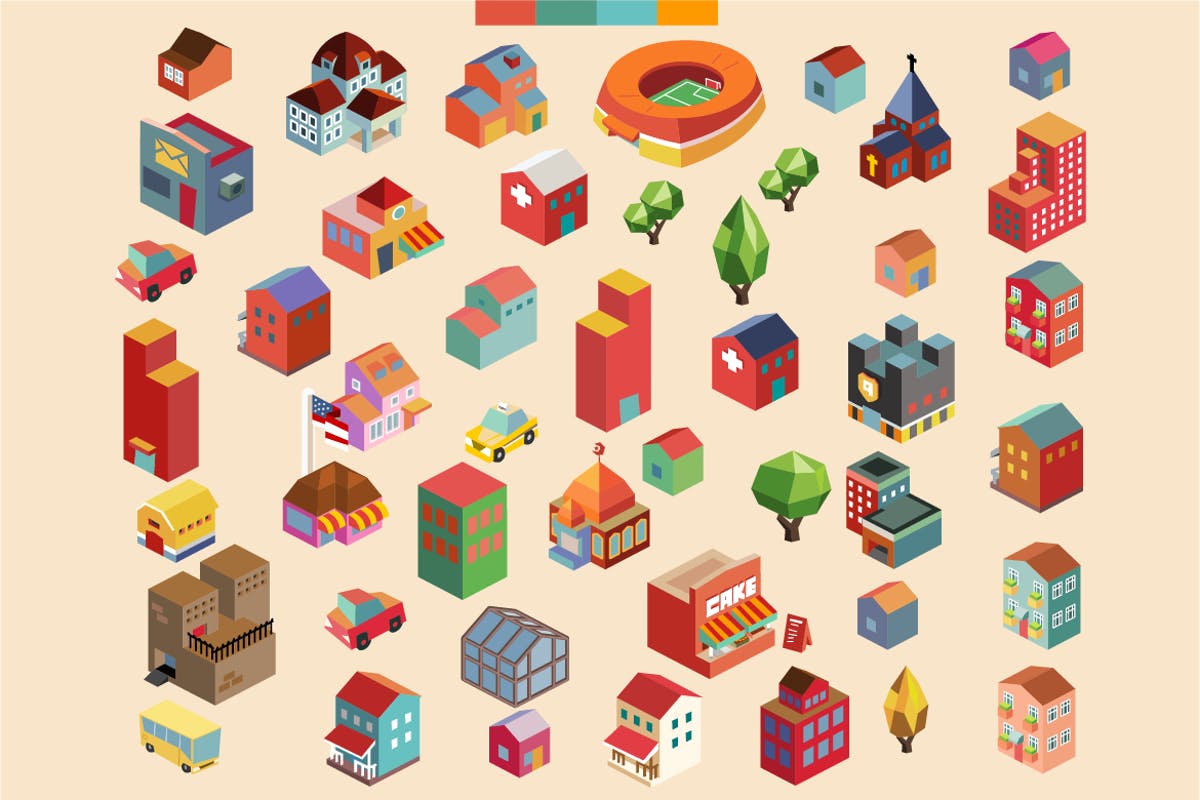 多彩等距离建筑建筑物场景矢量插画v3 Colorful vector isometric buildings