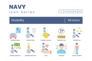 海军蓝系列-60枚残疾人关怀主题矢量图标 60 Disability Icons | Navy Series