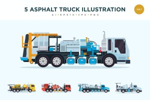 5款沥青路施工车矢量图形插画素材v1 5 Asphalt Truck Vector Illustration Set 1