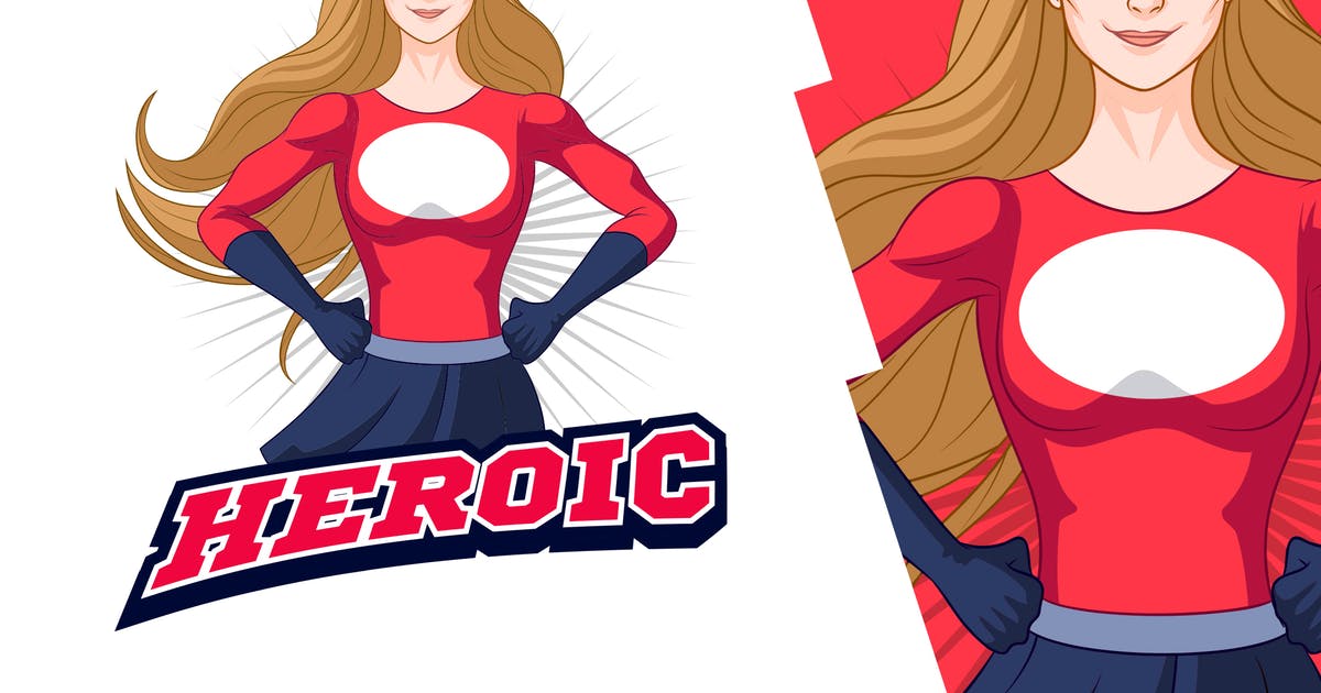 经典漫画女性超级英雄吉祥物标志Logo设计模板 Classic Comic Female Superhero Mascot Logo