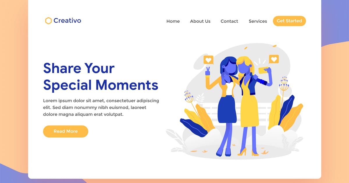 网站着陆页设计自拍场景插画素材 Special Moment Selfie Web Landing Page Illustratio