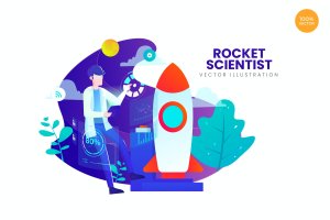 火箭科学家APP网页设计矢量概念插画 Rocket Scientist Vector Illustration Concept