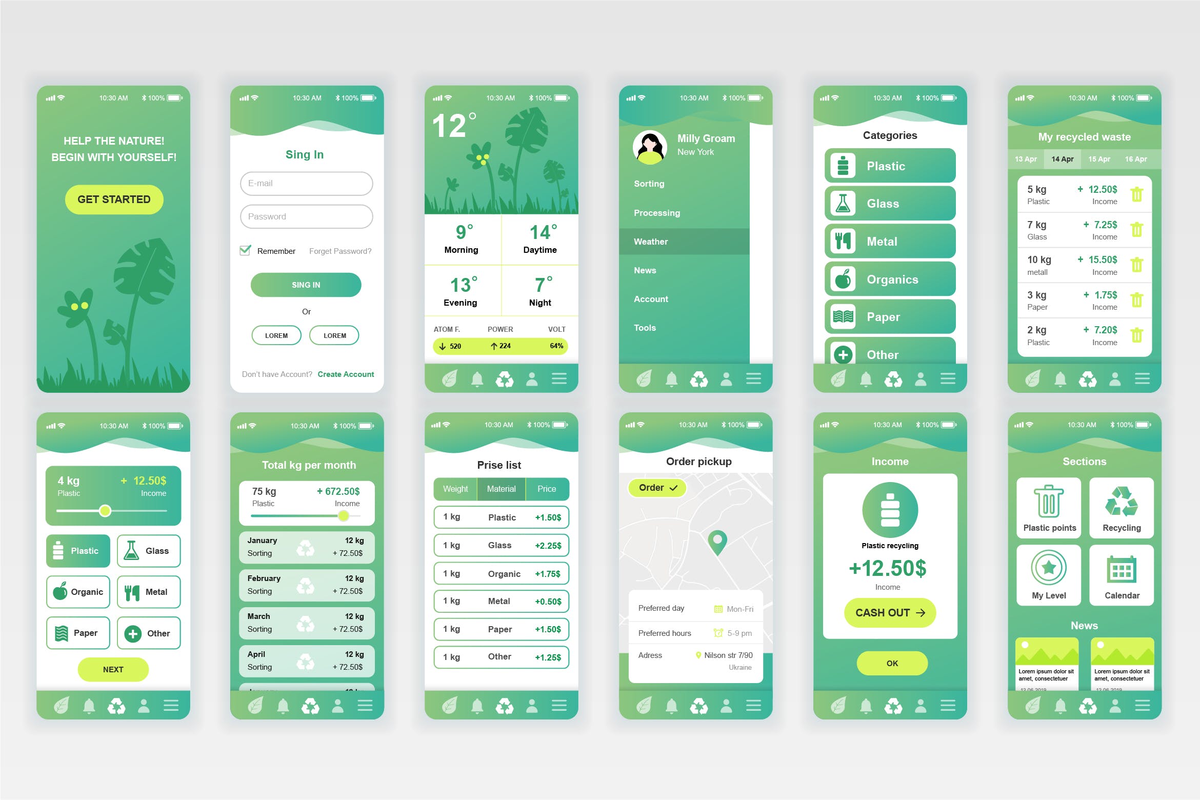 生态能源资源回收app应用用户交互界面设计ui套件ecologymobileappux