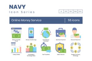 海军蓝系列-55枚在线支付服务矢量图标 55 Online Money Service Icons | Navy Series