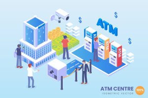 ATM中心主题2.5D矢量等距概念插画 Isometric ATM Centre Vector Concept