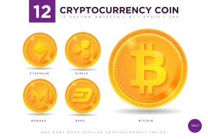 12枚加密货币主题硬币形状矢量图标合集v3 12 Crypto Currency Coin Vector Illustration Set 3