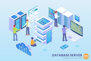 数据库服务器主题2.5D矢量等距概念插画 Isometric Database Server Vector Concept