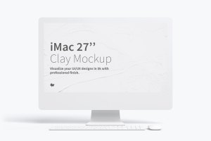 27寸iMac一体机大屏幕UI设计效果预览前视图样机 Clay iMac 27” Mockup, Front View