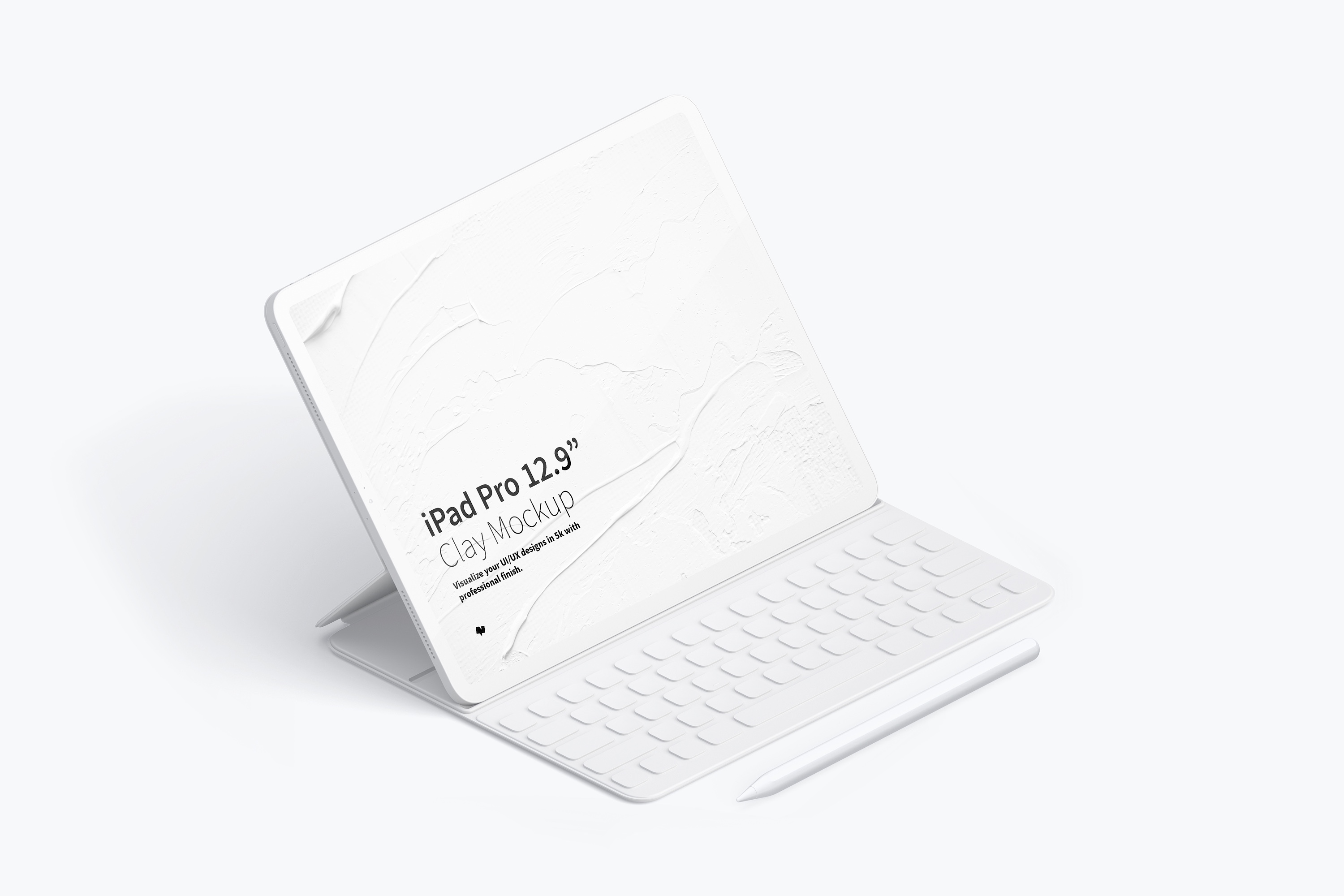 附带键盘iPad Pro平板电脑UI设计效果图左视图样机 Clay iPad Pro 12.9” Mockup, Isometric Left View With Keyboard