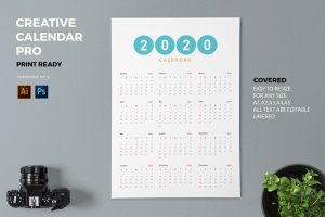 简约设计风格2020年单页日历设计模板 Creative Calendar Pro 2020