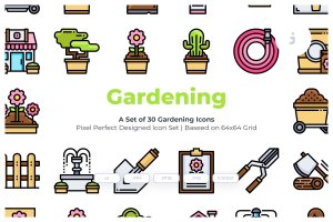 30枚园艺花园主题彩色矢量图标素材 30 Gardening Icons