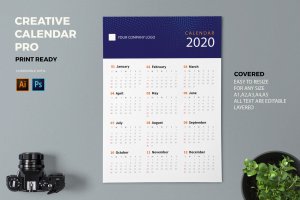 等距圆点波浪几何图形2020创意日历年历设计模板 Creative Calendar Pro 2020