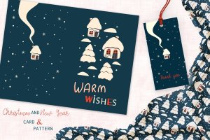 圣诞屋手绘图案背景素材/贺卡设计模板 Christmas Houses Greeting Card and Pattern