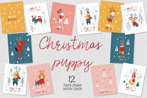 圣诞小狗手绘图案贺卡设计模板 Christmas Puppy Cards