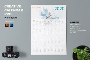 水彩手绘风格2020年历日历设计模板素材 Creative Calendar Pro 2020