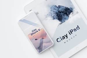 iPhone X＆iPad叠放平铺视觉屏幕设计演示样机模板01 Clay iPhone X and iPad Mockup 01